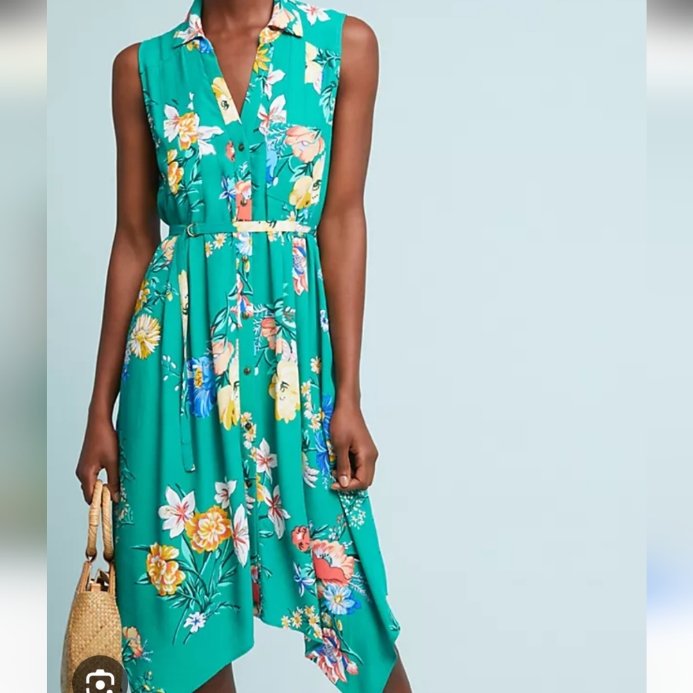 Anthropologie Maeve Rory Belted Floral Sleeveless Shirt Dress Size 8P Petite